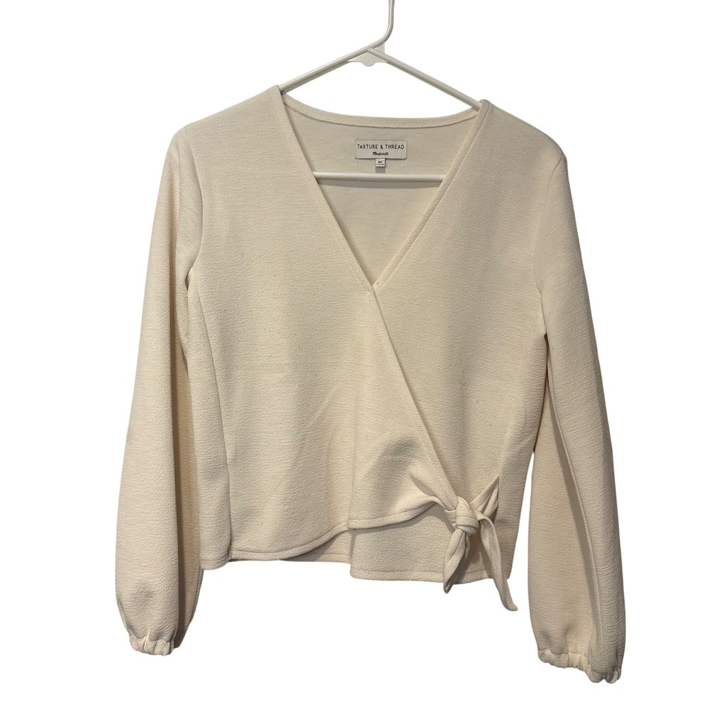 Madewell Texture & Thread Wrap Top Women XS Cream Long Sleeve Side Tie V-Neck